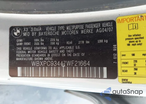 2007 BMW X3 3.0Si from USA, damaged, VIN WBXPC93447WF21664